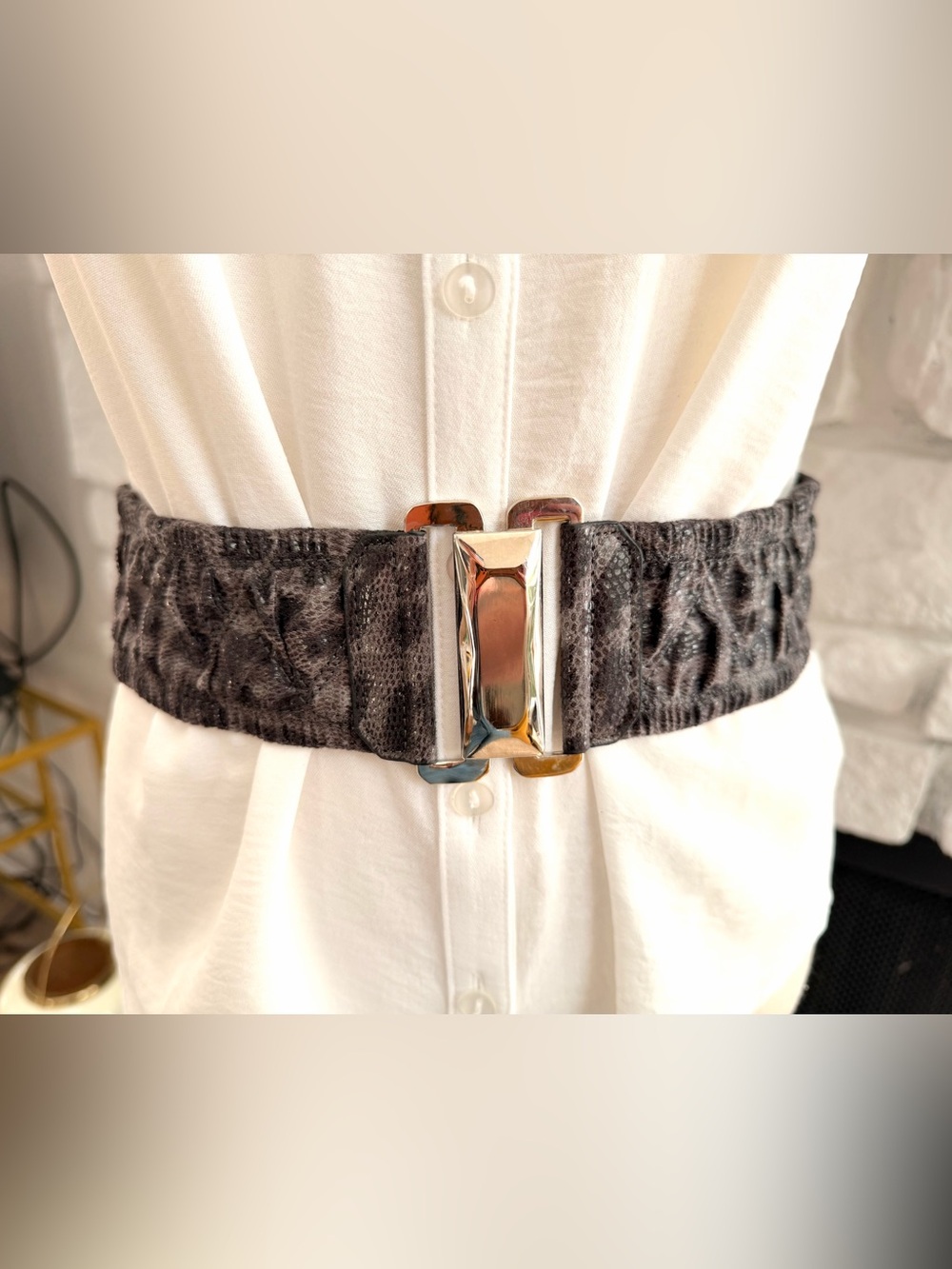 Betsey Johnson S/M Gray Black Animal Print Wide Stretch Belt Silver Buckle